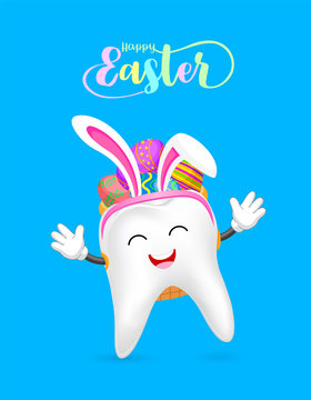 Cute cartoon tooth with backpack of Easter eggs.  Eggs hunt,  Happy Easter day.  Cartoon character design. Illustration isolated on green background.