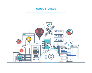 Fototapeta na wymiar Cloud storage, resources. Mobile applications, security of cloud data storage.