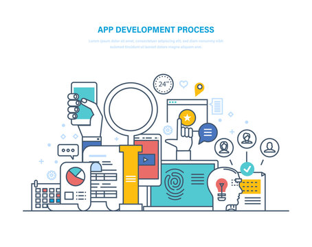 App development process. Information technologies, programming, coding, web design.