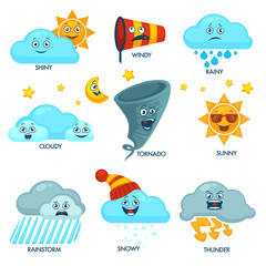Weather forecast elements with faces and signs set