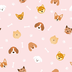 Naklejka premium Dog Breeds Head Seamless Pattern, Pink Background, Footprint and Bone