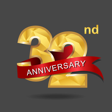 32nd Anniversary, Aniversary, Years Anniversary Celebration Logotype. Logo,numbers And Ribbon Anniversary.