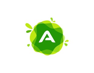 Letter A logo at green watercolor splash background. green nature logo vector