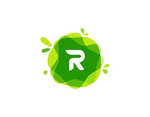 Letter R logo at green watercolor splash background. green nature logo vector