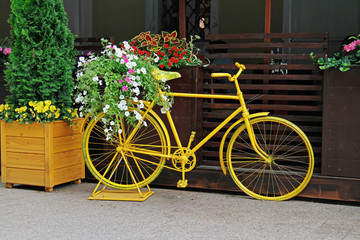 Fototapeta na wymiar Yellow bicycle decorated with white and pink petunias near the cafe