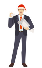 Businessman in Santa hat holding the project plans and showing the business card
