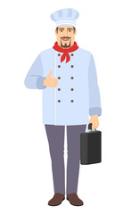 Chef showing thumb up  and holding briefcase