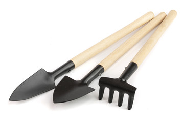 garden tools isolated on white background closeup