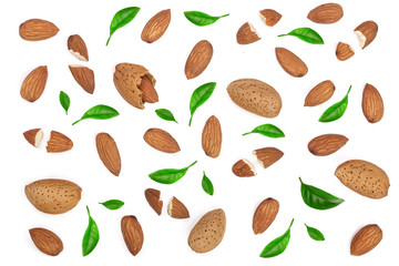 almonds decorated with leaves isolated on white background. Flat lay pattern. Top view