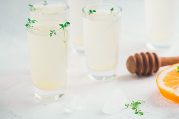 Alcohol shots with lemon liquor. Limoncello in glass shots.