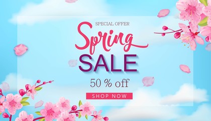 Spring sale banner with flowers, blue sky, hand drawn floral design elements.