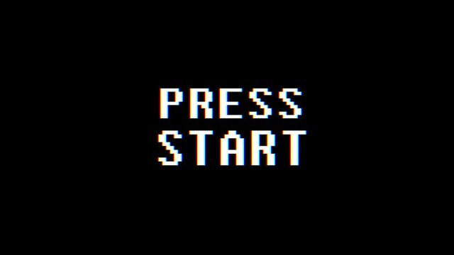 retro videogame PRESS START text computer old tv glitch interference noise screen animation seamless loop New quality universal vintage motion dynamic animated background colorful joyful video
