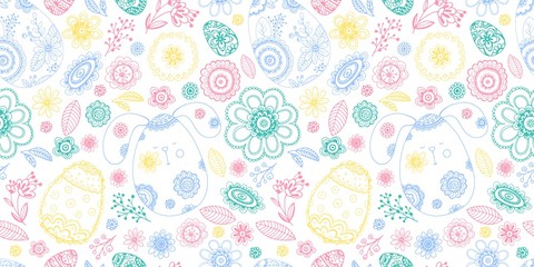 Happy Easter doodle seamless pattern with egg, flower, rabbit