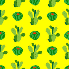 Cactus background, vector seamless pattern, isolated on yellow backdrop.