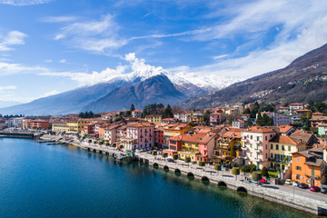 Fototapeta na wymiar Village of Gravedona, Como lake in Italy. Panoramic view from a drone
