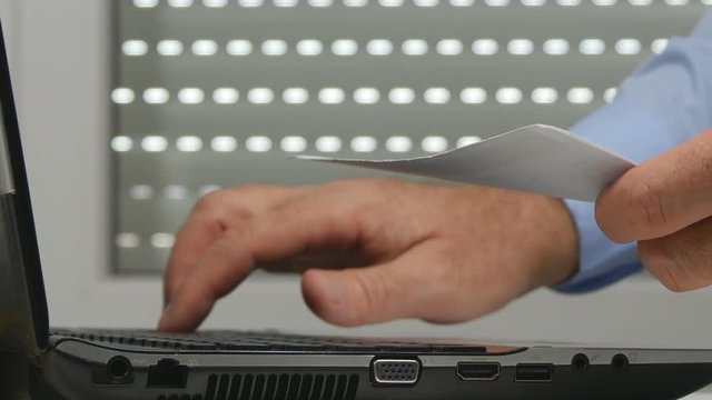 Man Use Laptop Introduce Invoices Data Make Electronic Payments Using Online App