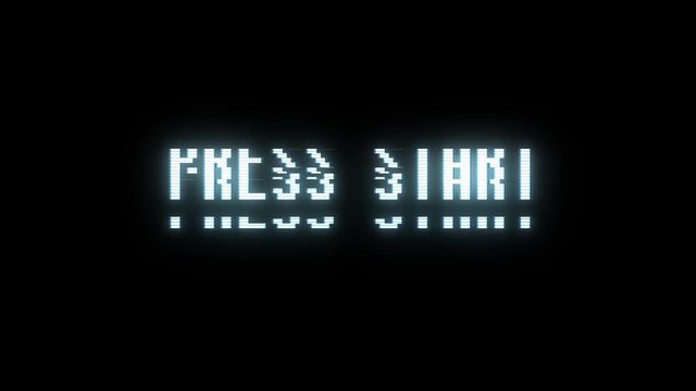 retro videogame PRESS START text computer HUD holographic glitch interference noise screen animation seamless loop New quality universal vintage motion dynamic animated background colorful video
