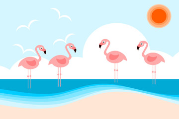 Illustration vector of cute flamingos on the beach. Hello sea and summer season concept.