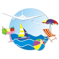 Summer vacation, banner, sea, sailboat, airplane, sunbed and parasol, cocktail.
Vector colored icon. Circle frame.