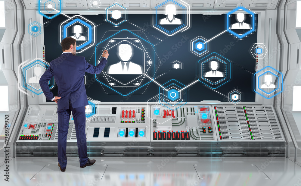 Poster Businessman using social network interface on a board 3D rendering