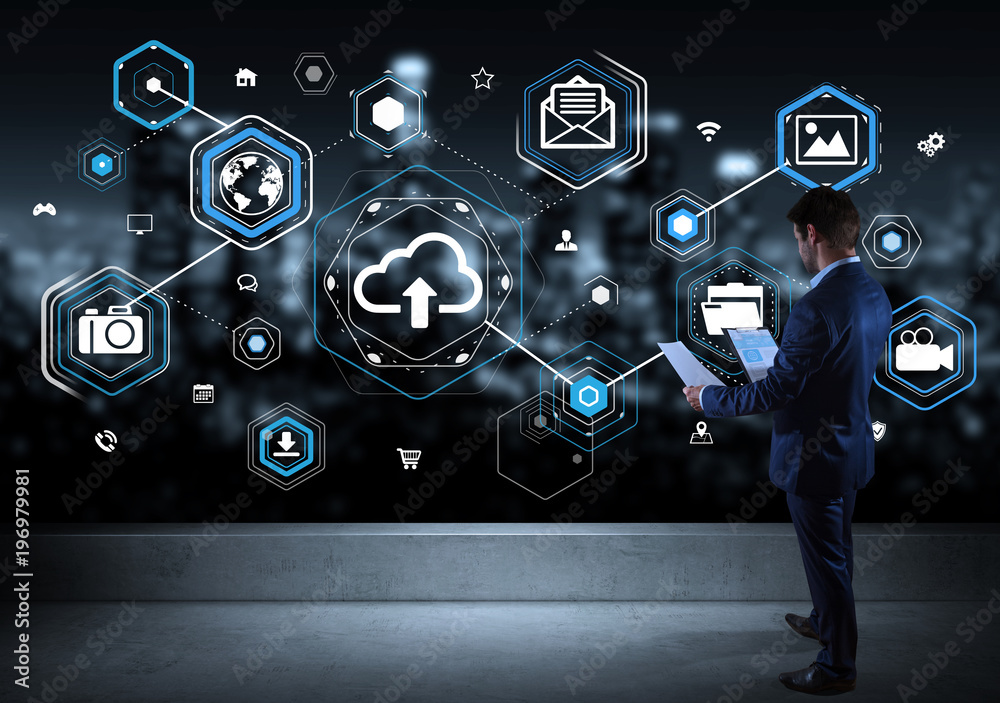 Aufkleber businessman watching social network interface on a rooftop 3d rendering
