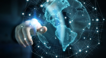 Businessman using USA world map interface 3D rendering