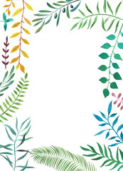 Hand drawn watercolor illustration of botanical branches. Decorative graphic frame for wedding branding, invitations, greeting card. Isolated on white background. Place for text.
