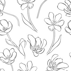 Floral seamless pattern with tulips. Black and white vector illustration.
