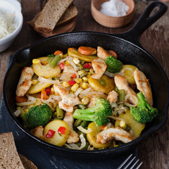 Fried chicken with potatoes and vegetables in a frying pan. Potatoes with meat in a rustic. Traditional European cuisine.