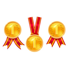 Set champion gold, award medals with red ribbons, vector isolated