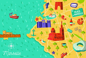 Cartoon style France Marseille sightseeing vector map. Summer vacation postcard illustration