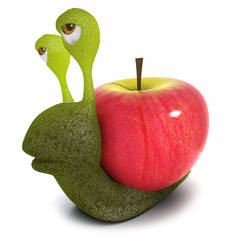 3d Funny cartoon snail character carrying a heart instead of a shell