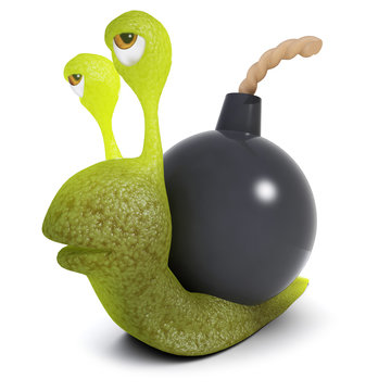 3d Funny cartoon snail character carrying a bomb instead of a shell
