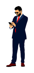 Businessman with mobile phone vector  illustration. Handsome man in suite with smart phone. Standing casual pose. Relaxed man.