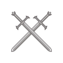 Two crossed ancient swords. Line art vector illustration.