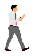 Confident leader walking. Businessman on work vector illustration. Handsome man with mobile phone in hands in office. Manager explains the work process for employees at the seminar.