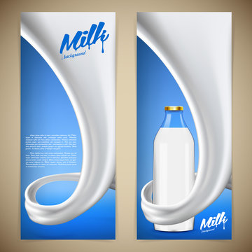 Milk design flyer vector illustration with full glass bottle in milk or cream swirl