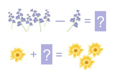 Educational game for children. Cute illustration of mathematical addition and subtraction. Vector image. Examples with beautiful flowers.