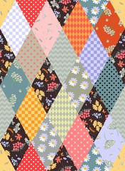 Obraz premium Colorful seamless patchwork pattern of rhombus patches with geometric and floral ornament. Beautiful vector illustration of quilt.