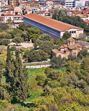 Athens Greece, ancient Attalus stoa and holy Apostles medieval church under Acropolis