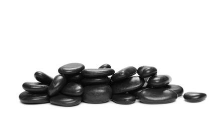 Pile black rocks isolated on white background