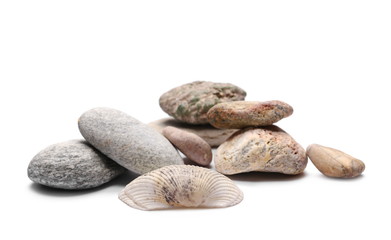 Sea stones and shells isolated on white background