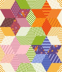 Bright colorful patchwork pattern with stars from rhombuses patches. Seamless vector illustration of quilt.  Print for fabric, textile, rug.