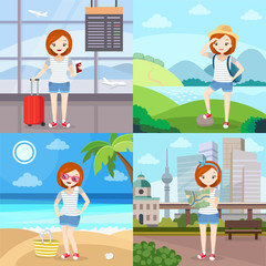 Girl in vacation - young woman on holidays, different types, in airport with trolley, mountain vacation, beach vacation, city vacation with backgrounds. Cute vector character in flat style.