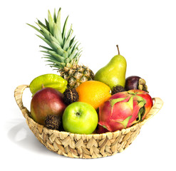 Different fruits in baskets, such as apples, orange, mango, mangosteen, carambola, pitahaya, rambutan, pineapple, pear, on white background.