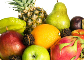 The set of several different fruits such as apples, orange, mango, mangosteen, carambola, pitahaya, rambutan, pineapple, pear, on white background.