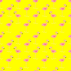 Cute cartoon, pink flamingos, seamless pattern vector. Flat cartoon design on bright yellow background.