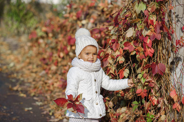 Child in autumn orange leaves.