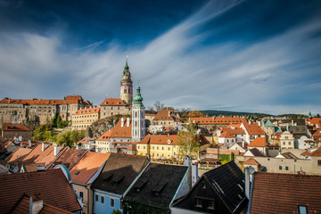 Obraz premium Czech krumlov. Traveling through Europe. The city in Czech Republic, sights. What to see in the Czech. Old fortress, view of the old part of the city in the Czech Krumlov