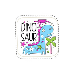 Dinosaur patch badge, cute cartoon animal sticker hand drawn vector Illustration on a white background